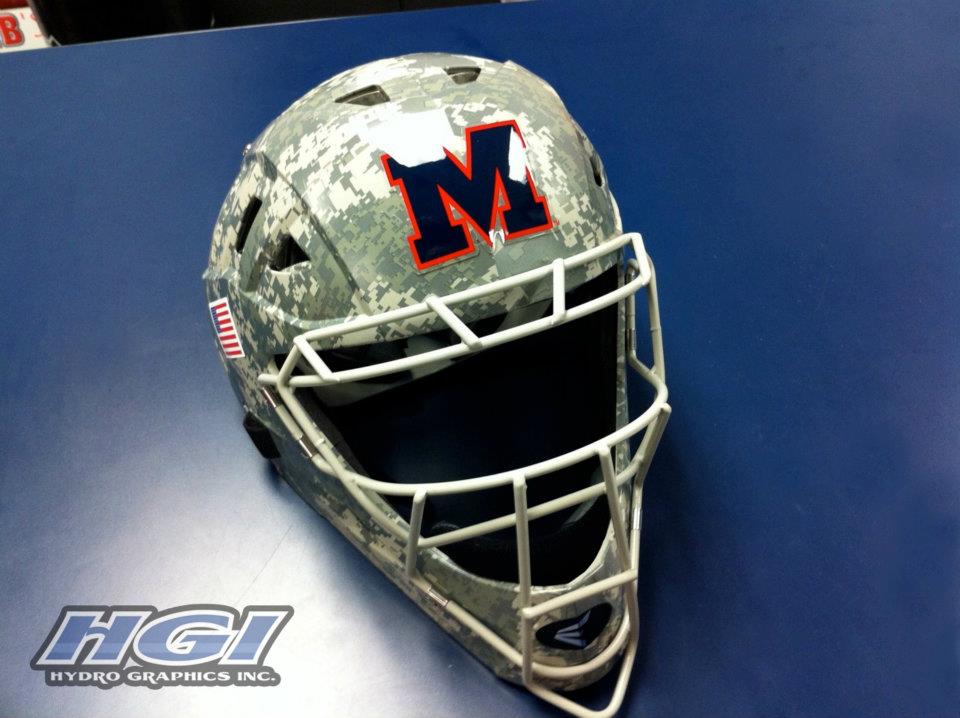 Ole Miss Baseball helmets finished in digital camo HydroSkin®.